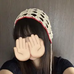 【handmade】ベージュ×赤 ボンネット