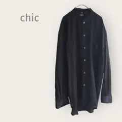 chic 【LB】バンドカラー　長袖シャツ　黒　総柄　光沢　大きめ　アジアン