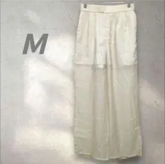 レディースワイドパンツ【Ｍ】透け感シースルー　ベージュ　裾ボタン　夏秋
