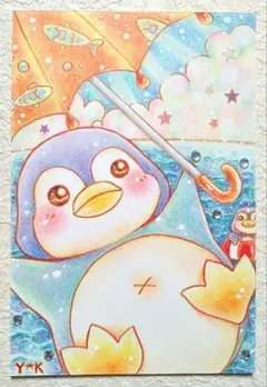 *✩手描きイラスト・アナログイラスト・ポストカード〈夏のペンギン〉原画✩*