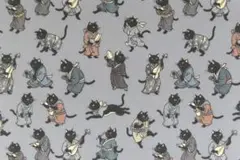 【ゆきちゃん限定】X2357-1 黒猫の鳥獣戯画柄 浮世絵 グレー 生地 1m