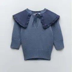 【本日限定値下げ】ZARA 5分袖　サマーニット　ビッグカラー　フリル　デニム風