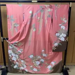 振袖⑫ピンク 茶色 花柄 蝶 美品 正絹