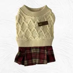 新品 犬服 Sサイズ セーターワンピ チェックスカート