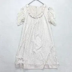 h117【ジャイロホワイト】レースワンピース★リボン　かわいい　ひざ丈　M 半袖