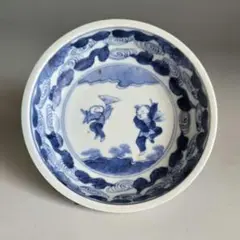 M-1345 古伊万里　染付唐子図　深皿