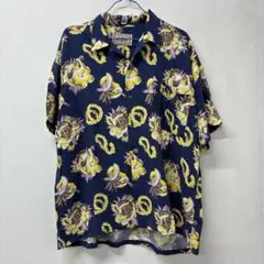 POTWINDS 半袖アロハシャツ　ネイビー ギター花柄　L ◇27