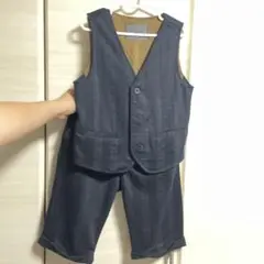 ダークブルー ストライプ ベストとショートパンツセット