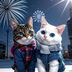 ♥️冬の花火と2匹の猫…フォトアートグラフィック　インテリアポスターA4