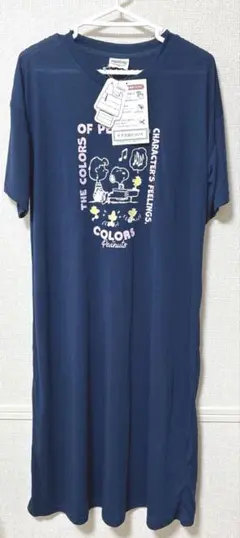 PEANUTS スヌーピー 半袖ロングワンピース L ネイビー 新品 タグ付き