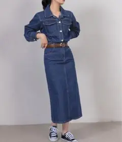レディース 長袖バックスリットロングデニムワンピース