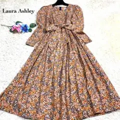 美品✨ ローラアシュレイ ロングフレアーワンピース リボン♡花柄 綿✖︎ウール M