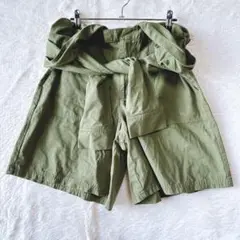 ハグム　腰巻き風ショートパンツ　シャツ巻き風　綿　フェイクレイヤード　カーキ　夏