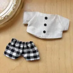 16cm あんスタぬい服 襟なしキナリ色シャツ・チェックパンツ2点 コスマスにも