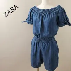 ザラZARAボートネック袖リボンデニムストライプショートサロペット38