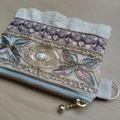 インド刺繍リボンとレースのポーチ　12cmファスナー