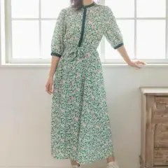 新品タグ付き　プレフェリール　ロングワンピース　五分袖　ボタニカル 　緑　38