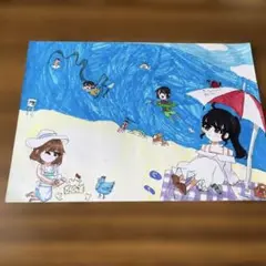 ビーチ　子供が描いた絵　イラスト　海