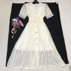 レトロ古着女子　超レース＆ふりるワンピース　白　半袖　ふわふわ　お嬢さま　M