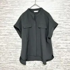 バンドカラーシャツ 半袖 黒 M ポリエステル カジュアル　シンプル　オフィス