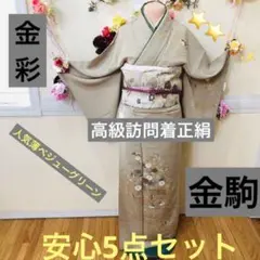 訪問着正絹‼️豪華訪問着❤️5点セット⭐️人気薄ベジューグリーン金駒金彩煌びやか上品