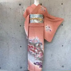 正絹 訪問着 花柄 サーモンピンク 袷
