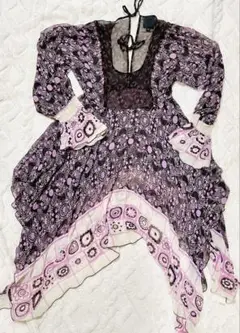 美品 ANNA SUI アナスイ ピンク系総柄シルク100% 長袖チュニック