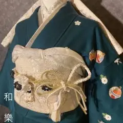 ■袋帯銀鼓紋様■名品美品■ 高麗納戸暗めの青緑色■金駒刺繍■金彩加工■フルセット