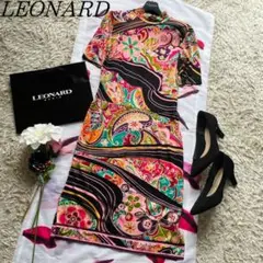 【美品】LEONARD 総柄ワンピース 半袖 膝丈 ハイネック サイズ2