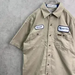 カーハート　ワッペン　企業ロゴ　トップス　半袖　ワークシャツ　古着　ベージュ　M
