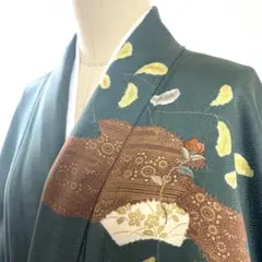 2m1817 着物 正絹 訪問着 刺繍 緑 金色 茶色 黄色 ピンク 白 花柄