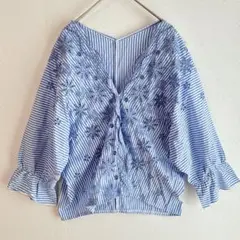 花柄スカラップ ボリューム袖丈 ストライプカットソー 長袖 ブルー 【M】