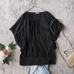 美品(M)とろみTシャツ/半袖/黒/フレアスリーブ/ブラック/オフィスカジュアル