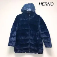 美品 ヘルノ ダウンジャケット ファー ゴールド金具 ネイビー ミドル丈 紺色