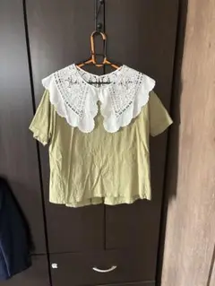 カットソー　カーキ　白レースつけ襟