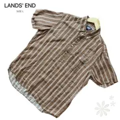 【美品】LANDS'END 半袖シャツ 茶 L 麻100% リゾート 涼感