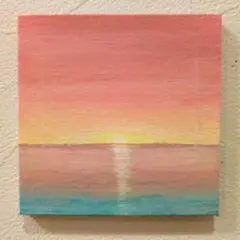 【原画：10×10cm】 夕日の沈む頃　オイルパステル画　キャンバスアート
