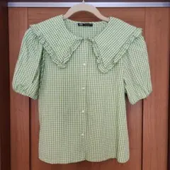【ZARA】ライトグリーン 黄緑 ギンガムチェック フリル襟 シャツ Sサイズ