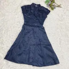 a.1829【レナウン】リネン100% ロングワンピース フレア 大人上品 紺色