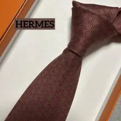 美品　エルメス　ネクタイ　茶色・ピンク　H柄