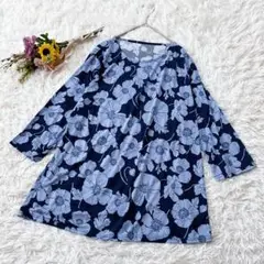 花柄　七分袖　チュニック　フラワープリント　カットソー　ジャージ素材　ネイビーL