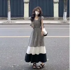 【新品】即日発送　チェック　ワンピース　ロング　ギャザー　フレンチスリーブ