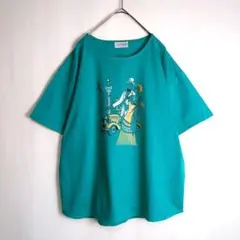 Tシャツ (L〜XL) ビックプリント 日本製 男女兼用 大きめ 浅葱系 古着