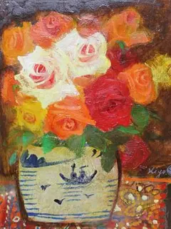 【真作】清原啓一「赤絵壺の薔薇」油彩4号　一枚の繪取扱作品　芸術院会員　巨匠名品 真作】【WISH】清原啓一「赤絵壷の薔薇」油彩 SM ◇優雅に咲く赤