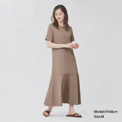 美品 GU フレアヘムワンピース(半袖)Q ブラウン S