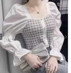 異素材スクエアネックツイード編みニットトップス