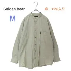 Golden Bear メンズ　ノーカラーシャツ　長袖 リネン入り　薄い草色