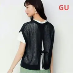 【GU／ジーユー】サマーセーター　メッシュバックリボンセーター　黒　L
