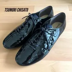 美品 ツモリチサトウォーク　エナメル　レースアップシューズ　23 猫耳　黒×紺