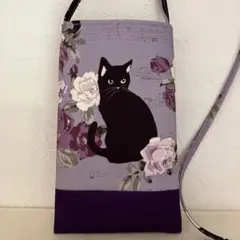黒猫と花柄のスマホショルダーバッグ